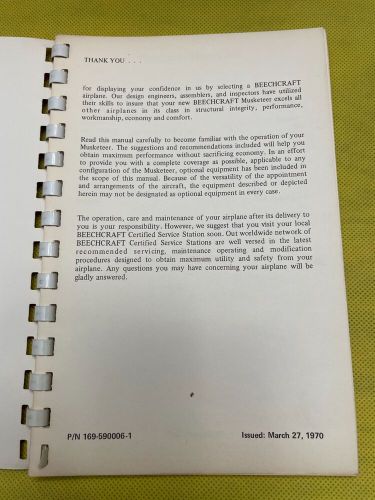 Beechcraft musketeer super r a24r owner&#039;s manual dated 1970