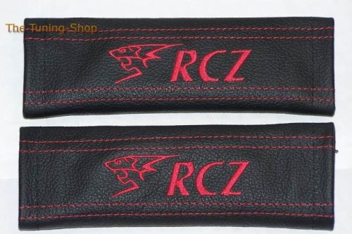 2x seat belt covers pads black leather &#034;lion&#034; red embroidery for peugeot rcz