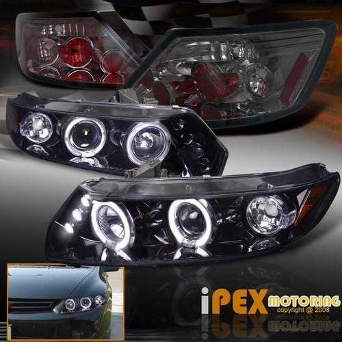 Honda civic coupe led halo glossy black projector head light w/ smoke tail lamps