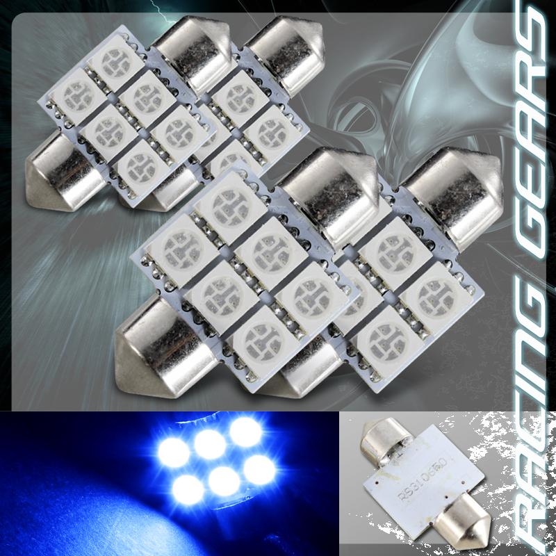 4x 31mm 1.25" blue 6 smd led festoon replacement dome interior light lamp bulb