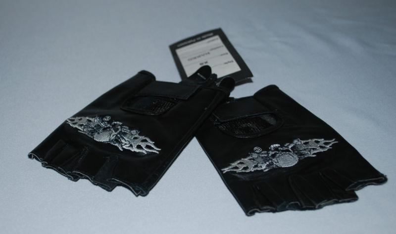 Shaf leather black  motorcycle gloves skull embroidered fingerless  sz xs