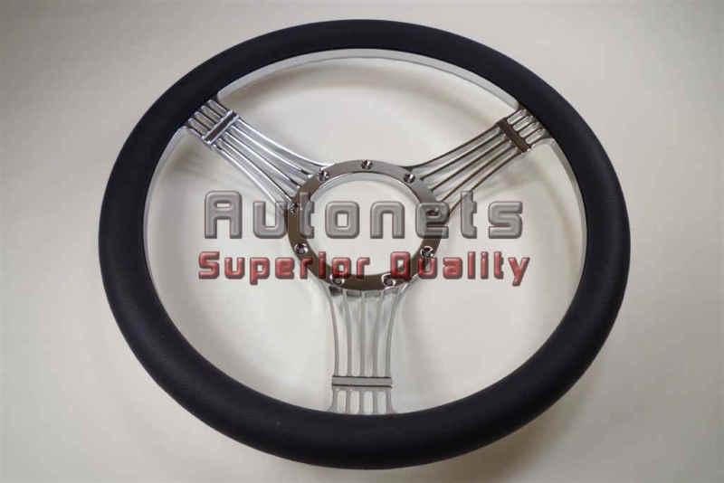 Black leather banjo style chrome aluminum steering wheel chevy gm 9 hole