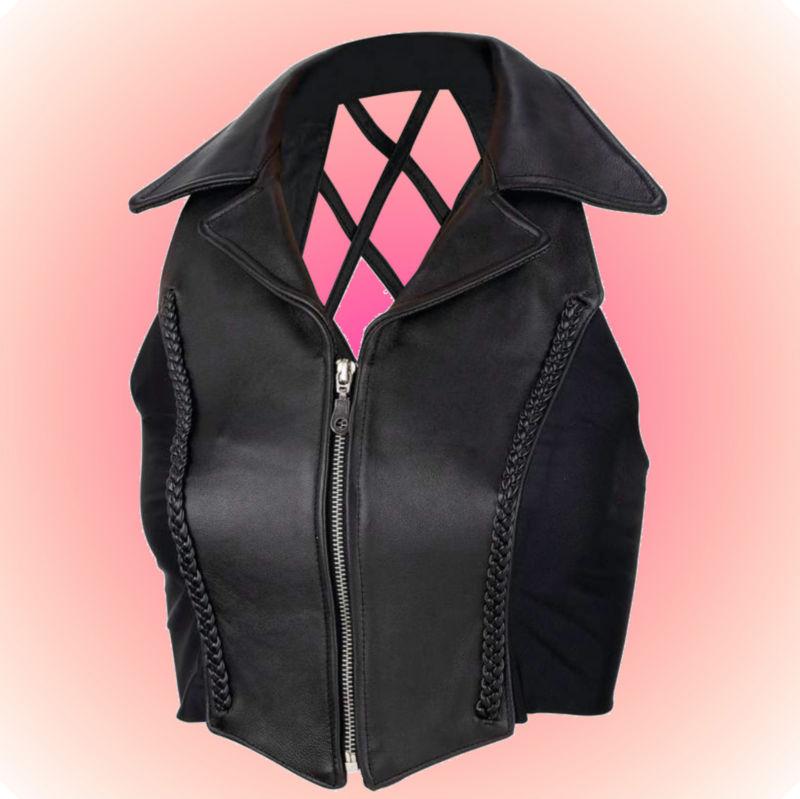 Ladies solid leather cross hatch motorcycle biker vest--size extra small