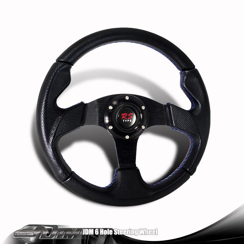 Universal jdm 320mm 6-hole black pvc leather blue stitches racing steering wheel