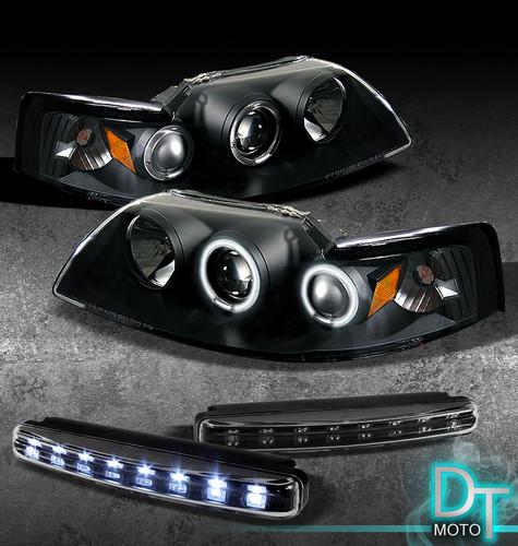 Drl led bumper fog lamps+99-04 mustang ccfl halo rim black projector head lights