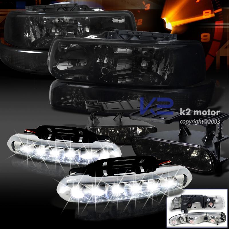 00-06 suburban tahoe smoke headlight+bumper lamp+fog light set w/white led drl