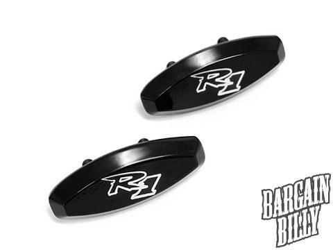 Yamaha yzf r1 mirror block off plates logo engraved black set (1998-1999)