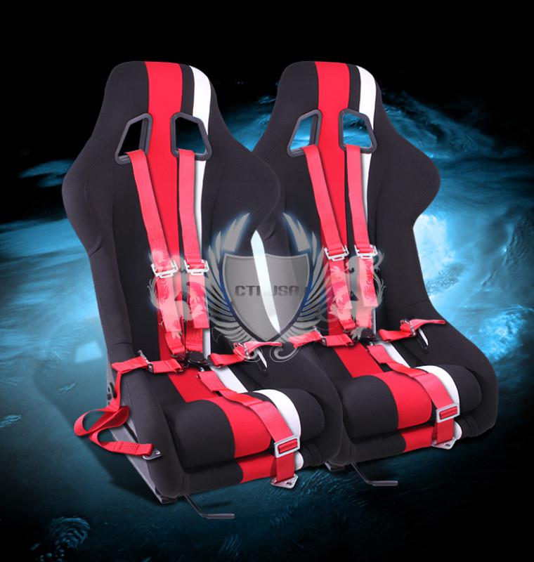 2x universal black/red white stripe fabric racing seat+5-pt camlock harness belt