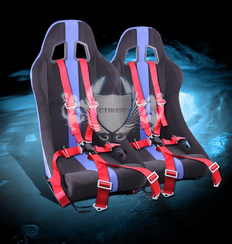 2x jdm f1 black/blue stripe fabric racing seat w/sliders + 6-pt red camlock belt