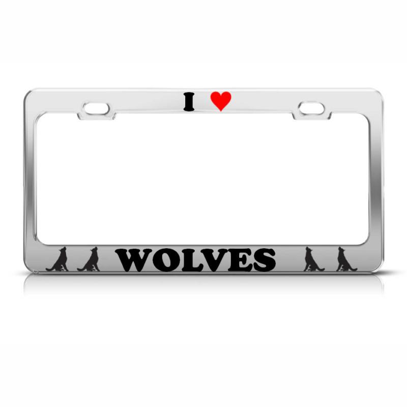 I love heart wolves metal chrome licence plate frame animal lover tag border