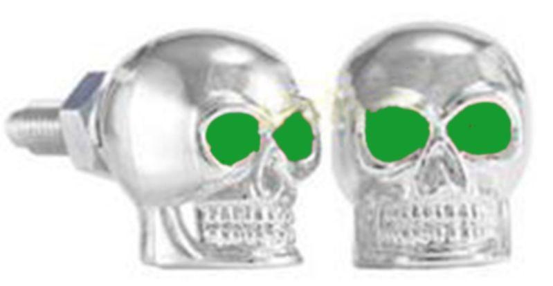 Chrome skull motorcycle license plate tag windshield bolt green eyes krommet new