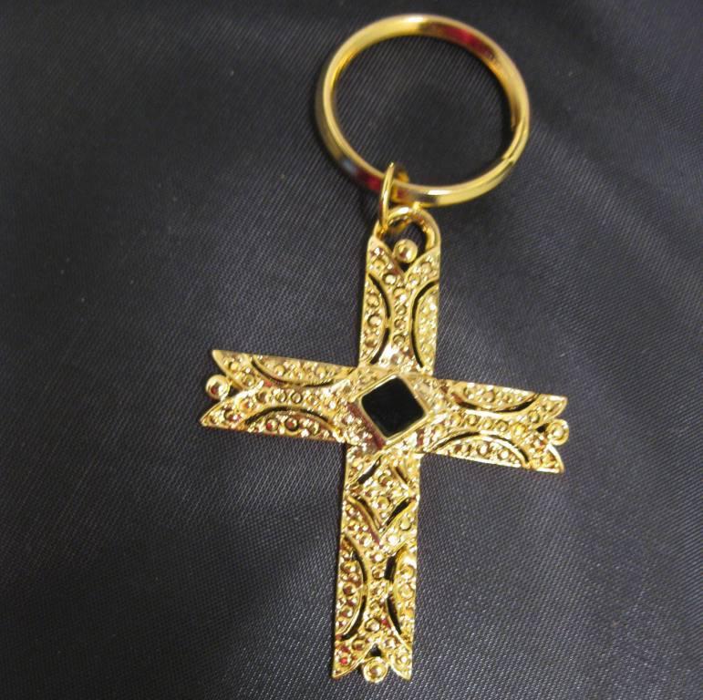 K46 shiny golden cross key chain black enamel center let god's love shine!