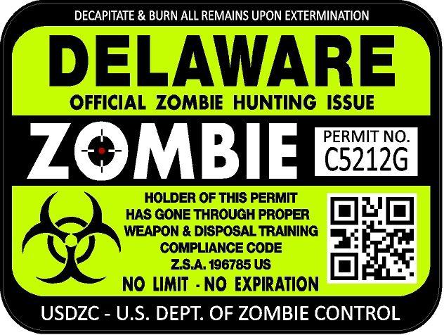 Delaware zombie hunting license permit 3"x4" decal sticker outbreak 1218