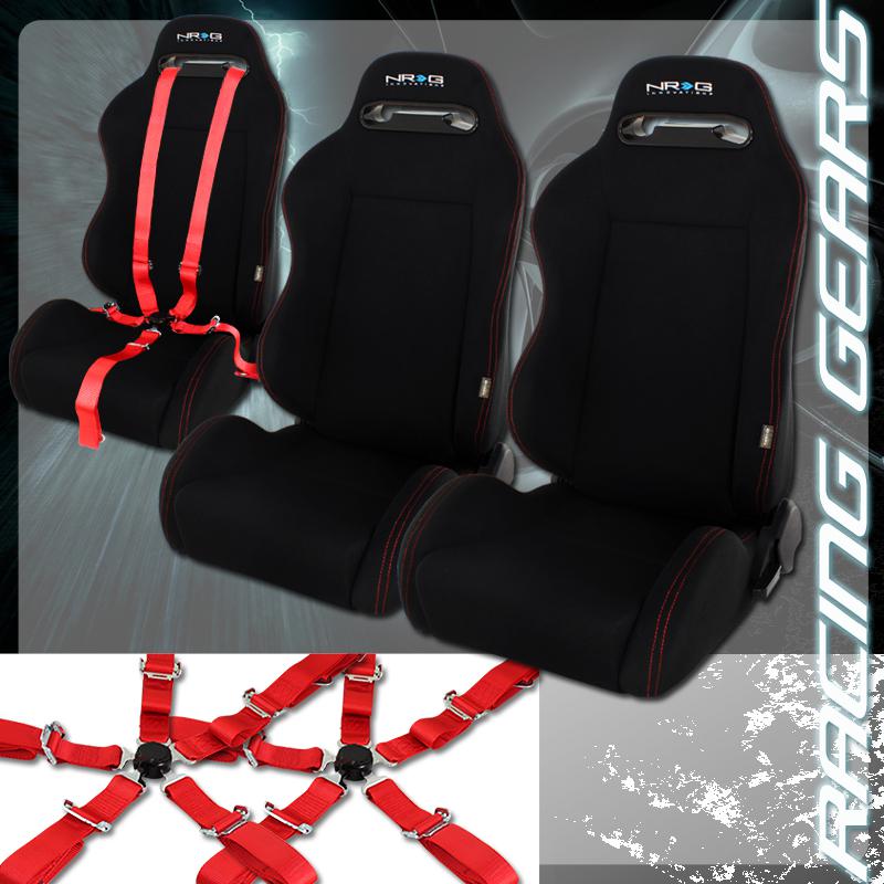 2x universal black nrg reclinable racing seats red stitching + red seat belts