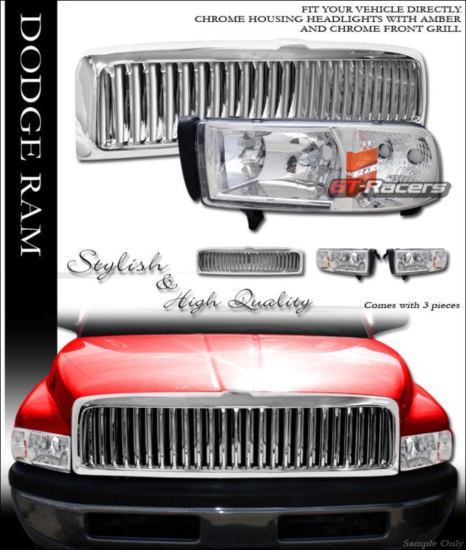 Chrome crystal head lights lamp signal+front vertical grill grille 1994-2002 ram