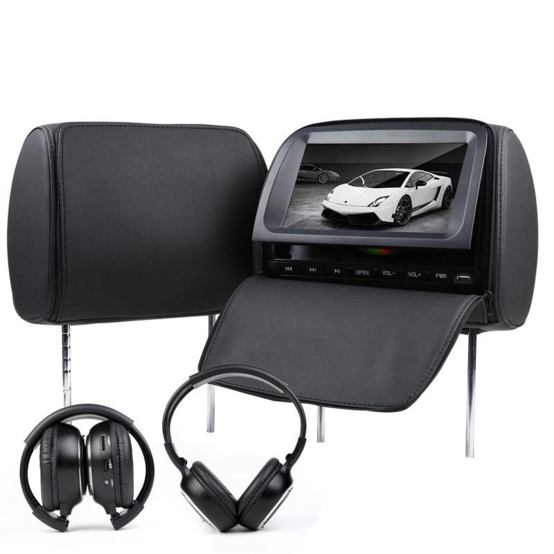 Black 2x9" car pillow headrest dvd player hd lcd leather ir headphone usb sd fm