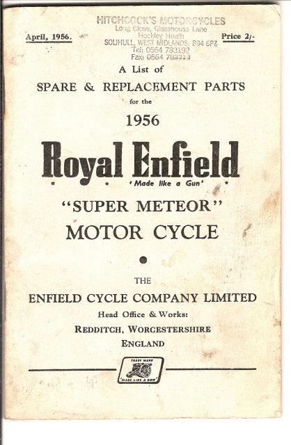 Royal enfield 'super meteor' 1956 spare and replacement parts list. imported uk.