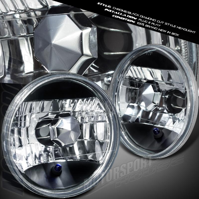 7" round diamond cut black/chrome headlights lamp with h4 bulb w/city light