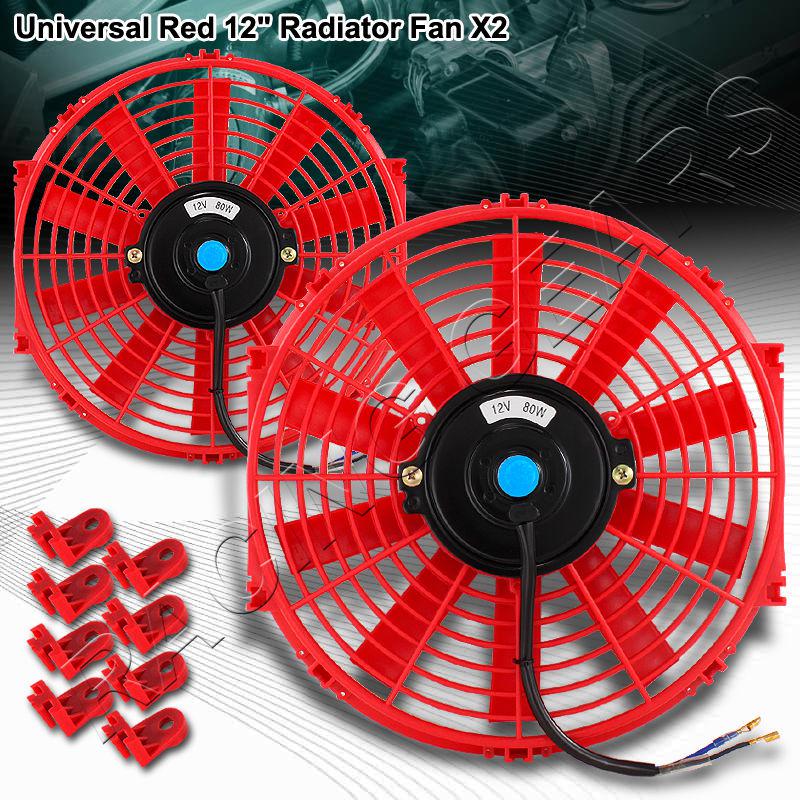 2x jdm 12" red 1500 cfm 2250 rpm electric cooling slim push pull radiator fan