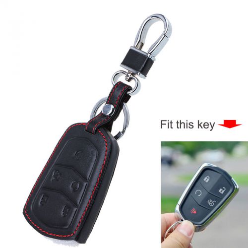 Black leather key holder fob case cover keychain fit cadillac 2015 srx smart key