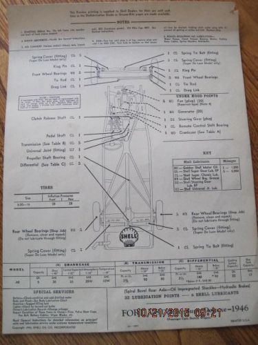 Shell oil lubrication service stn chart rare orig 1946 ford v-8 deluxe, super dl