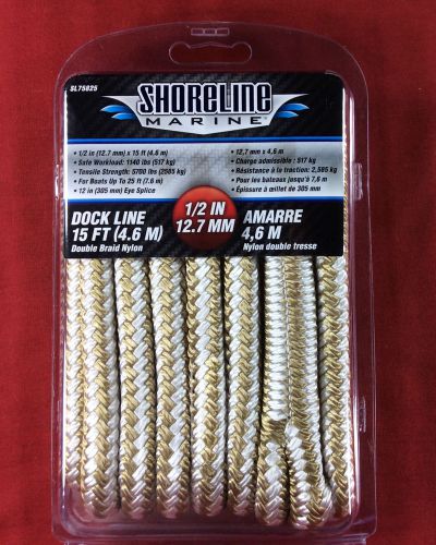 Dock line double braided nylon 1/2&#034; x 15&#039; gold &amp; white rope shoreline sl75825