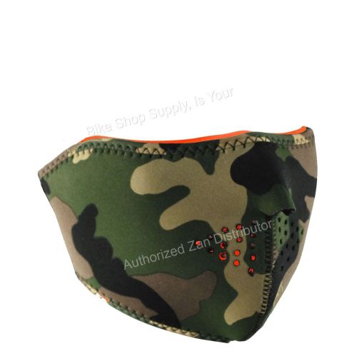 Zan headgear wnfm118hhv, neoprene half mask, woodland camo revrs to safety orng