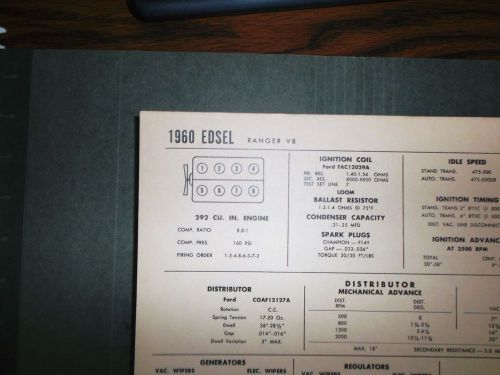 1960 edsel eight series ranger v8 models 292 cubic inch v8 tune up chart