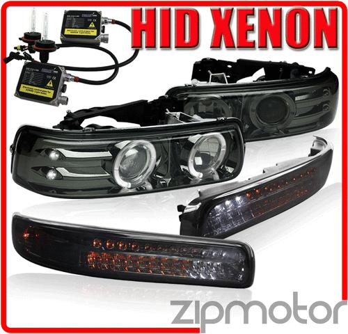 1999-2006 silverado tahoe suburban halo led projector headlight+bumper+hid smoke