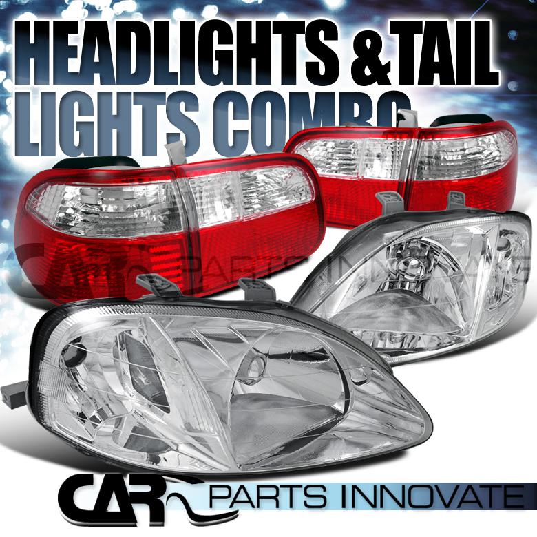 Honda 99-00 civic 4dr crystal chrome headlights+red clear rear tail lamps