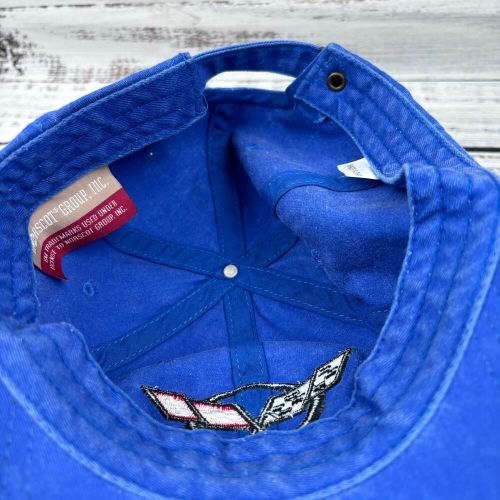 Corvette hat blue adjustable size buckle back strap norscot red and white flags