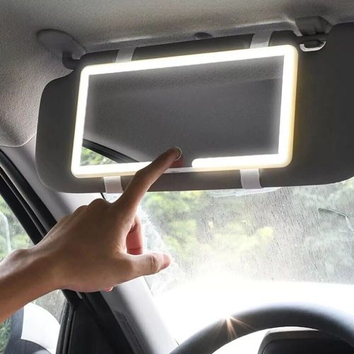 Easily installed led sun visor makeup mirror with touch control feature