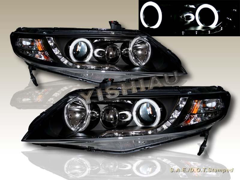 2006-2011 honda civic 4dr sedan black twin halo ccfl led projector headlights 