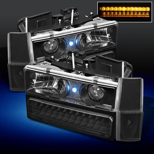 88-93 chevy c/k silverado sierra black projector headlights+led bumper+corner