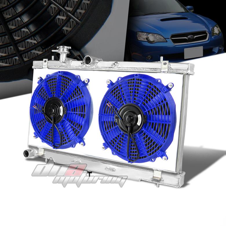 00-04 subaru legacy mt 2-row full aluminum racing radiator+blue fan+s​hroud kit