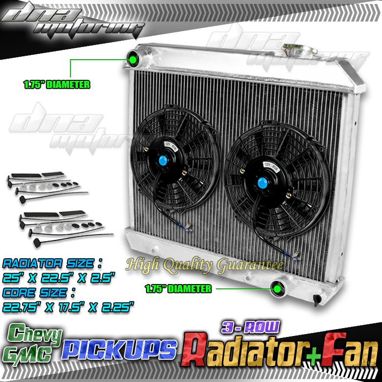 Tri core full aluminum radiator+2x 9" black fan chevy pickup c10/c20/k10/pontiac