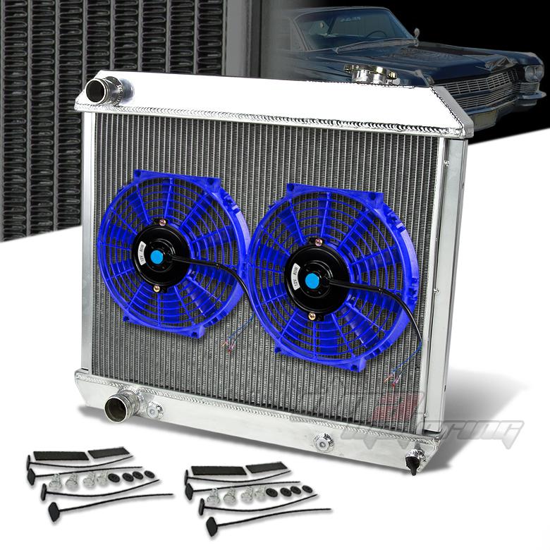 61-62 starfire 60-65 cadillac v8 3-row aluminum racing radiator+x2 10" blue fan