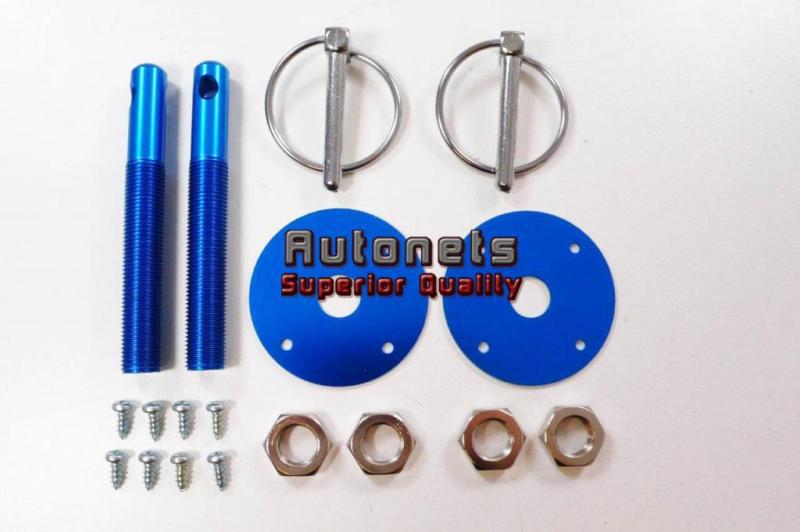 Aluminum anodized hood pin kit flip over universal fit blue hot street rod