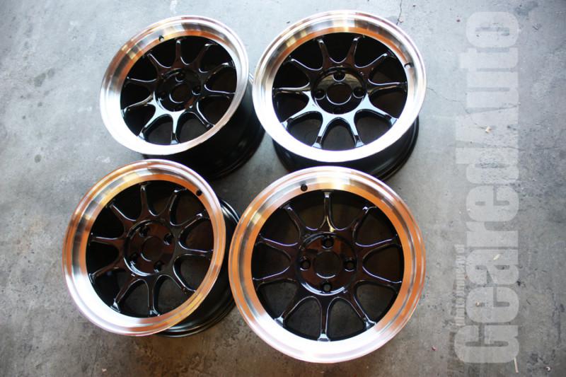 Miro 1397 15"x8" +25 4x100 gloss black w/ polished lip golf jetta 325is 325i e30