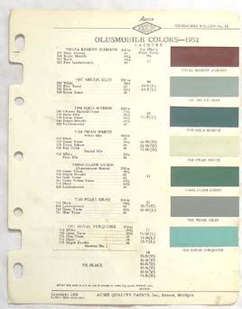 1952  oldsmobile acme  color paint chip chart all models original 