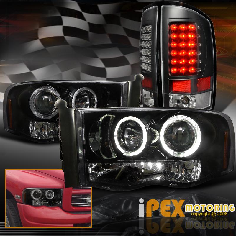 02-05 dodge ram glossy pearl halo projector head lamps+led black rear tail light