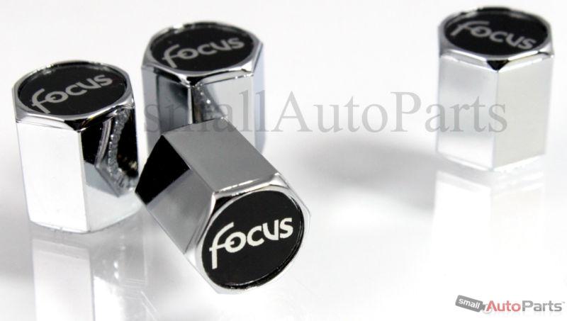 (4) ford focus black logo chrome abs tire/wheel stem air valve caps covers set