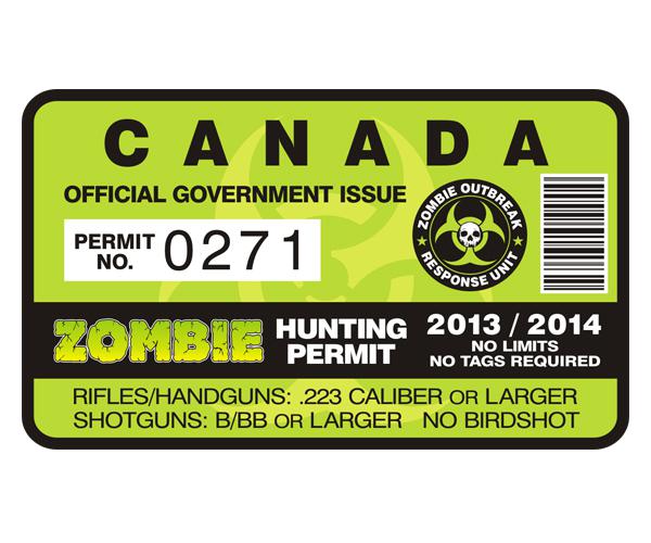 Zombie hunting permit canada decal 4"x2.4" canadian outbreak unit sticker zu1