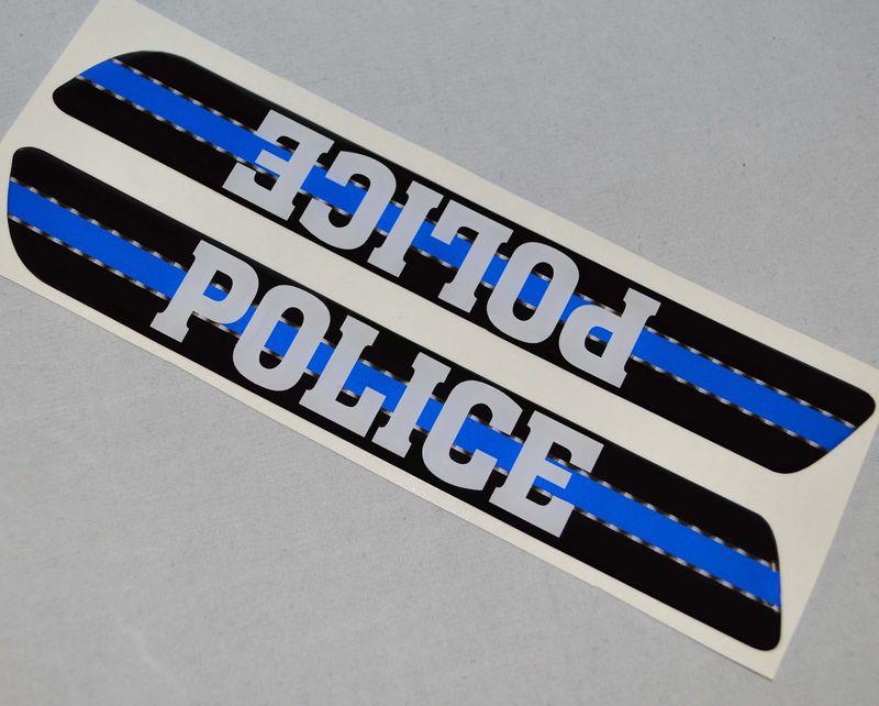 Pair black "police blue line" saddlebag latch reflector insert decals for harley