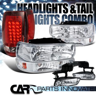 99-02 silverado chrome headlights+bumper lamps+fog lamps+red led tail lights